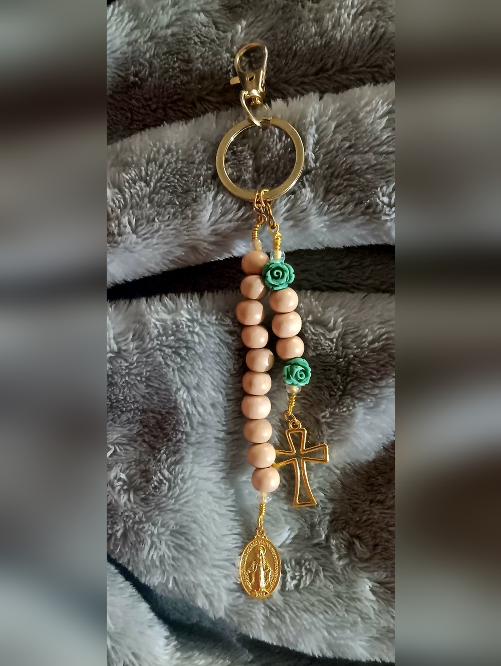 Beaded Cross Keychain with Mint Rose Accents
